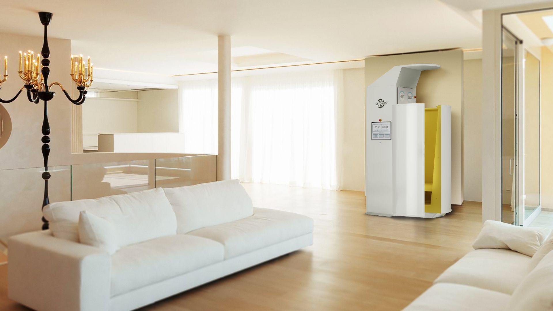 CryoMe Pro cryosauna installed in a luxury apartment interior for home wellness.